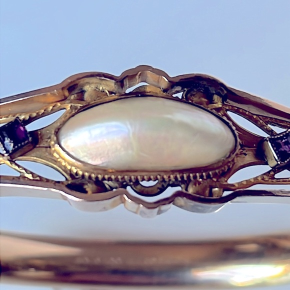 Antique Edwardian Gold Tone Glass Purple Pearl Stone Bangle Bracelet S.O.B & CO - Picture 4 of 15